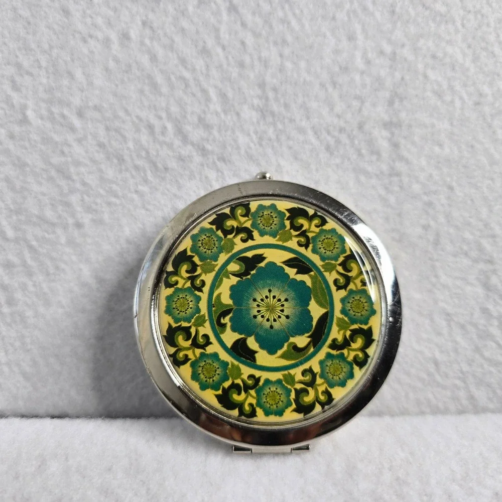 LucyLu Teal Green Floral Mandala Round Compact Mirror Silver Tone